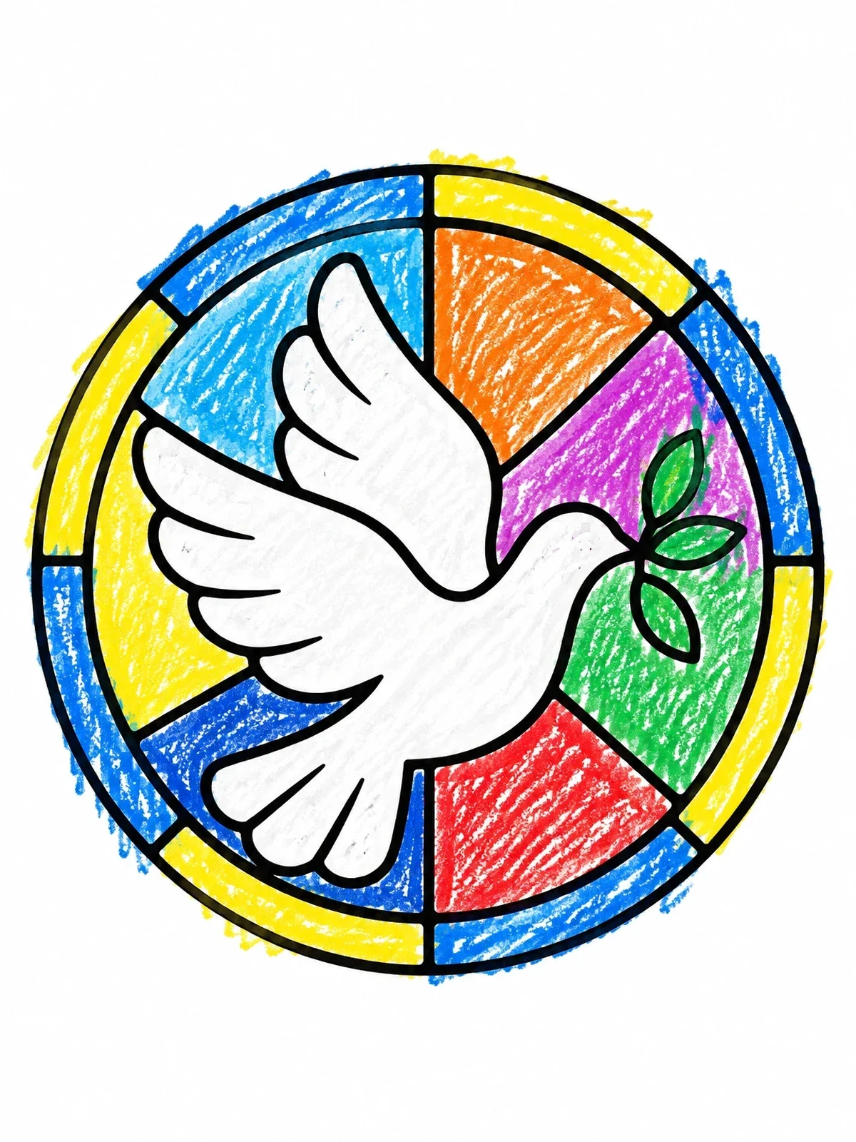 Colored example of the Stained Glass Peace Dove Roundel coloring page