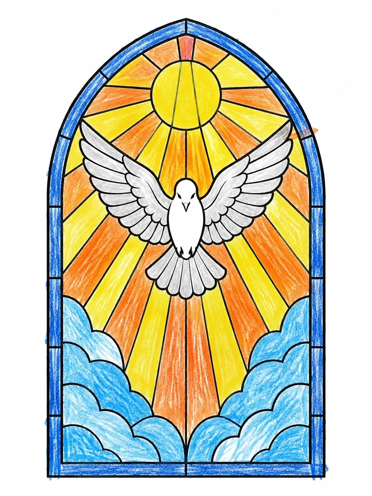 Colored example of the Stained Glass Holy Spirit Dove coloring page