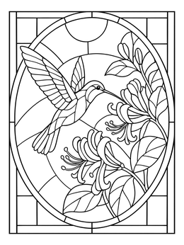 A hummingbird drinks from honeysuckle blooms in this intricate stained glass coloring page.