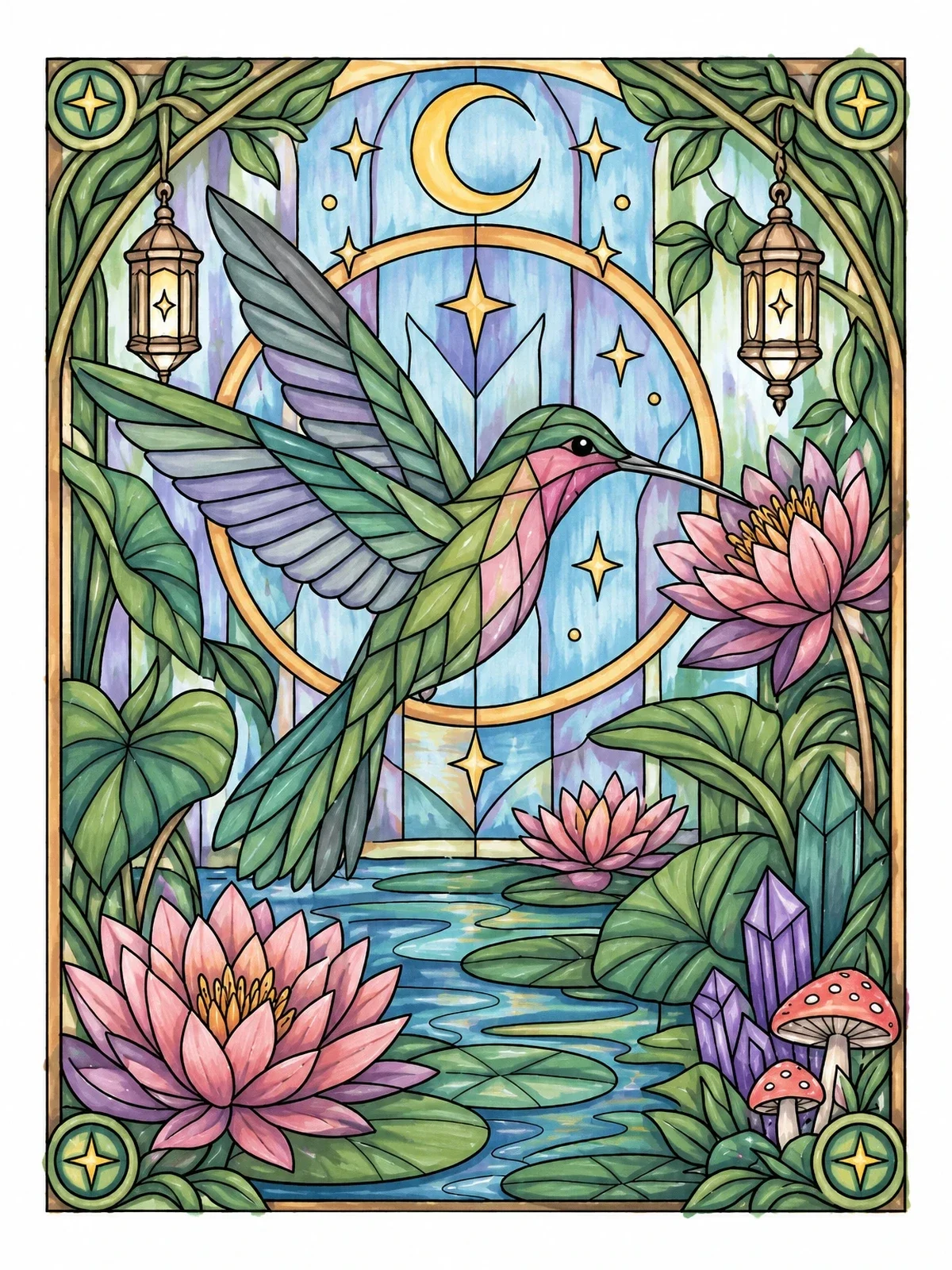 Colored example of the Stained Glass Hummingbird With Water Lilies coloring page