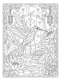 Intricate hummingbird coloring page featuring water lilies in a stained glass frame.