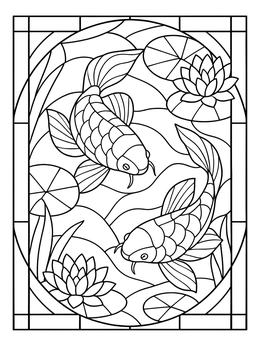 Two koi fish swim among water lilies in this detailed stained glass coloring page.