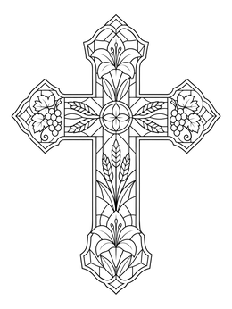 Stained glass cross with lilies and grapes on this lent coloring page.