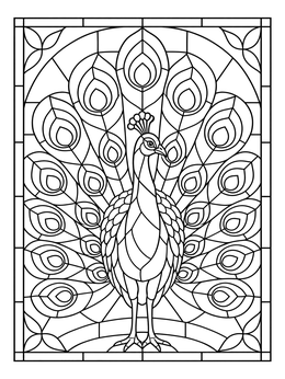 A stately peacock stands in this stained glass coloring page with intricate feathers.