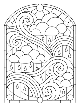 Swirling wind and rain clouds decorate this stained-glass march coloring page.