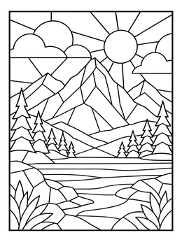 A serene stained glass coloring page showing a bright sun over towering mountains and a calm lake.