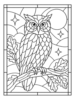 An intricate stained glass coloring page showing an owl perched on an oak branch under the moon.