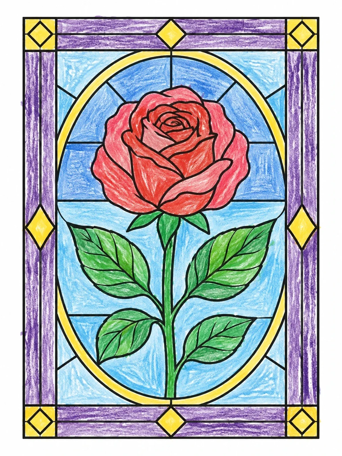 Colored example of the Stained Glass Rose Window Panel coloring page