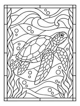 Detailed stained glass coloring page featuring a swimming sea turtle underwater.