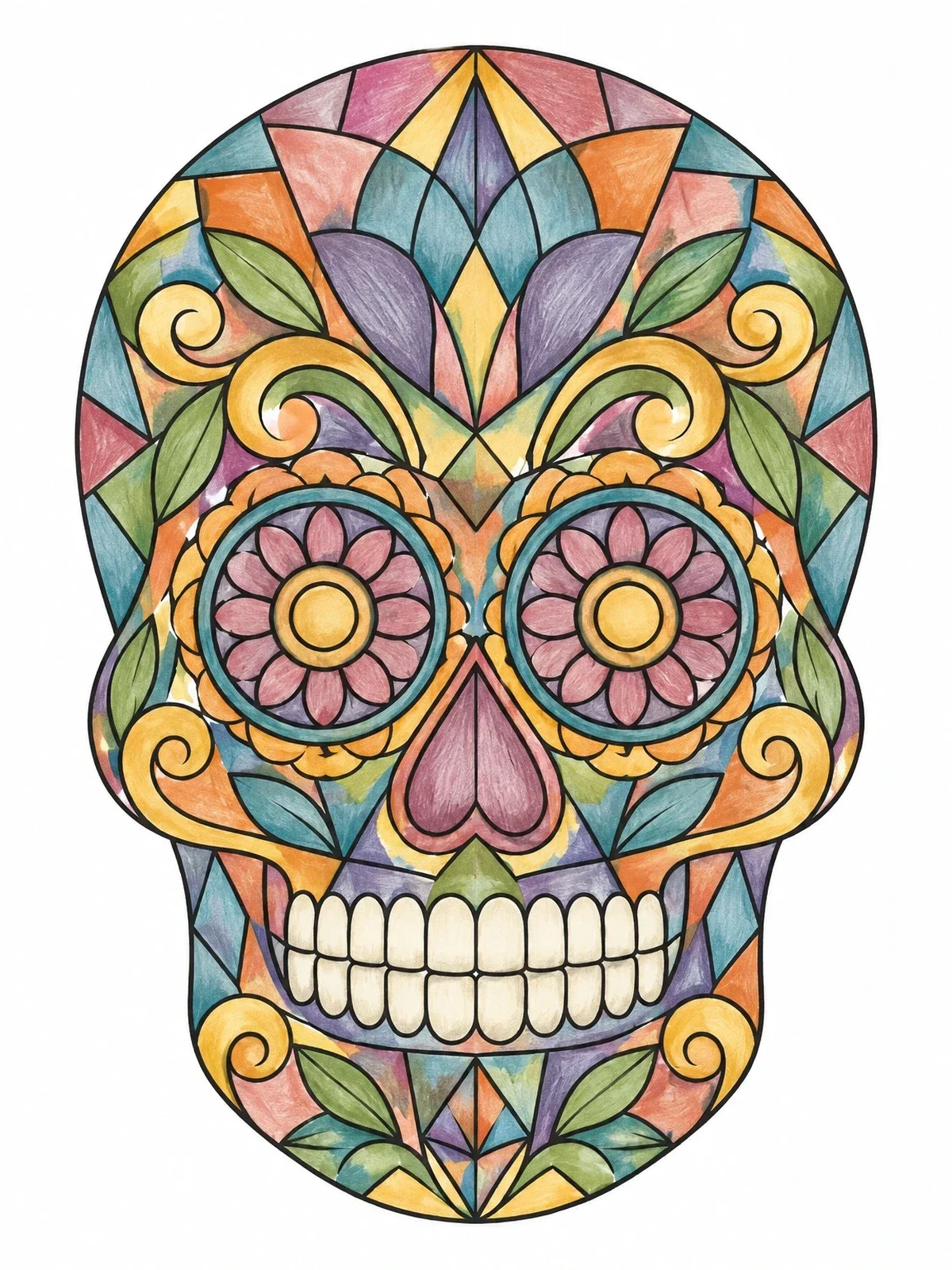 Colored example of the Stained Glass Sugar Skull Pattern coloring page