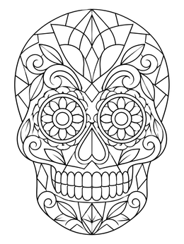 An ornate skull coloring page styled like a stained glass sugar skull with geometric shapes and floral eyes.