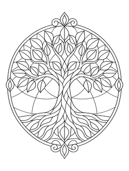 Intricate tree of life coloring page framed in a stained glass circular medallion.