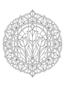 Intricate tulip coloring page featuring three blossoms inside a decorative stained glass mandala.