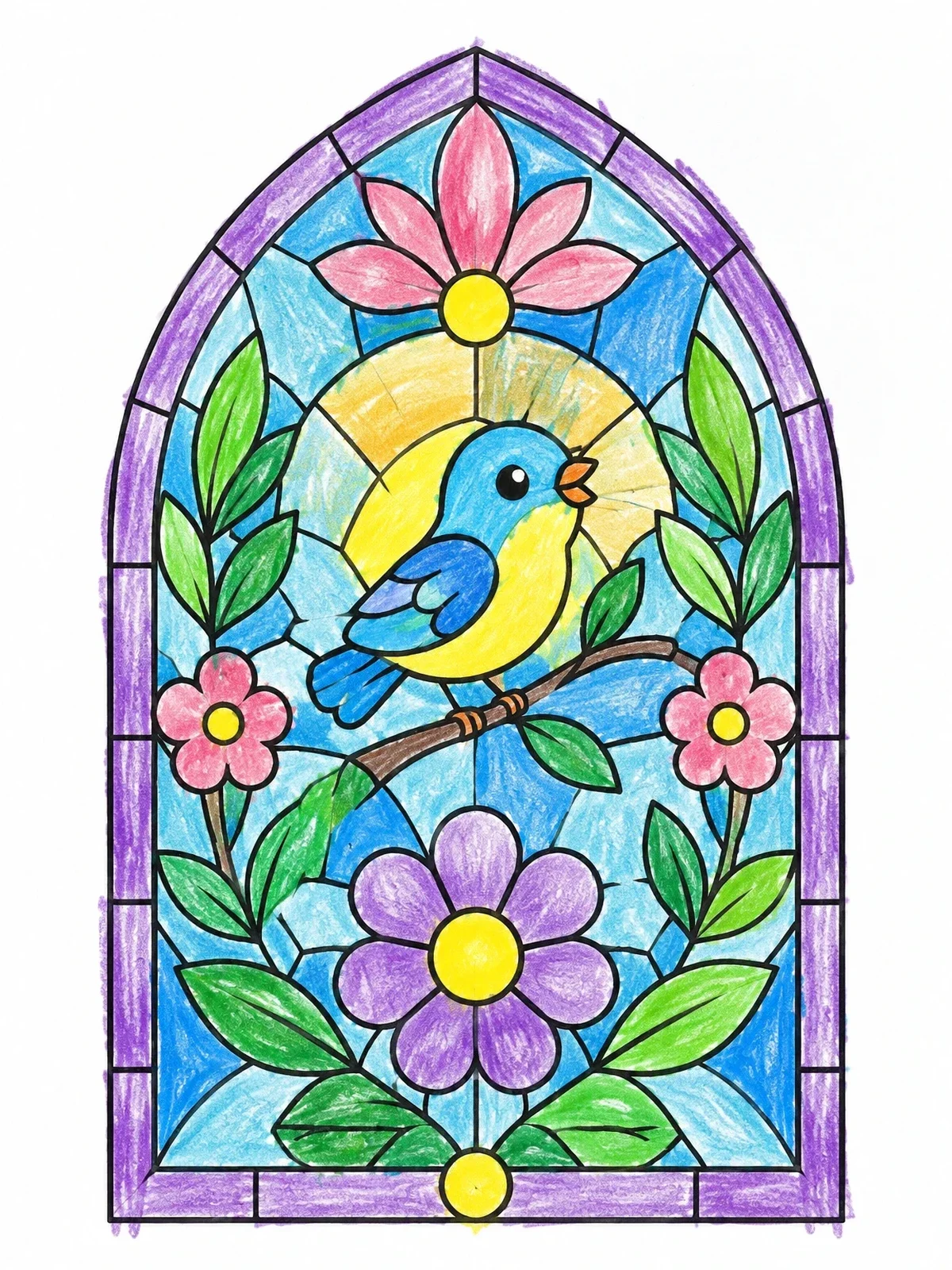 Colored example of the Stained Glass Window With Bird And Flowers coloring page