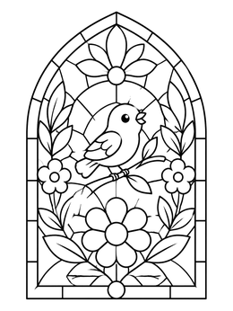 Free printable Stained Glass Window With Bird And Flowers coloring page