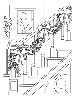 Decorated staircase banister featured in this christmas bows coloring page.