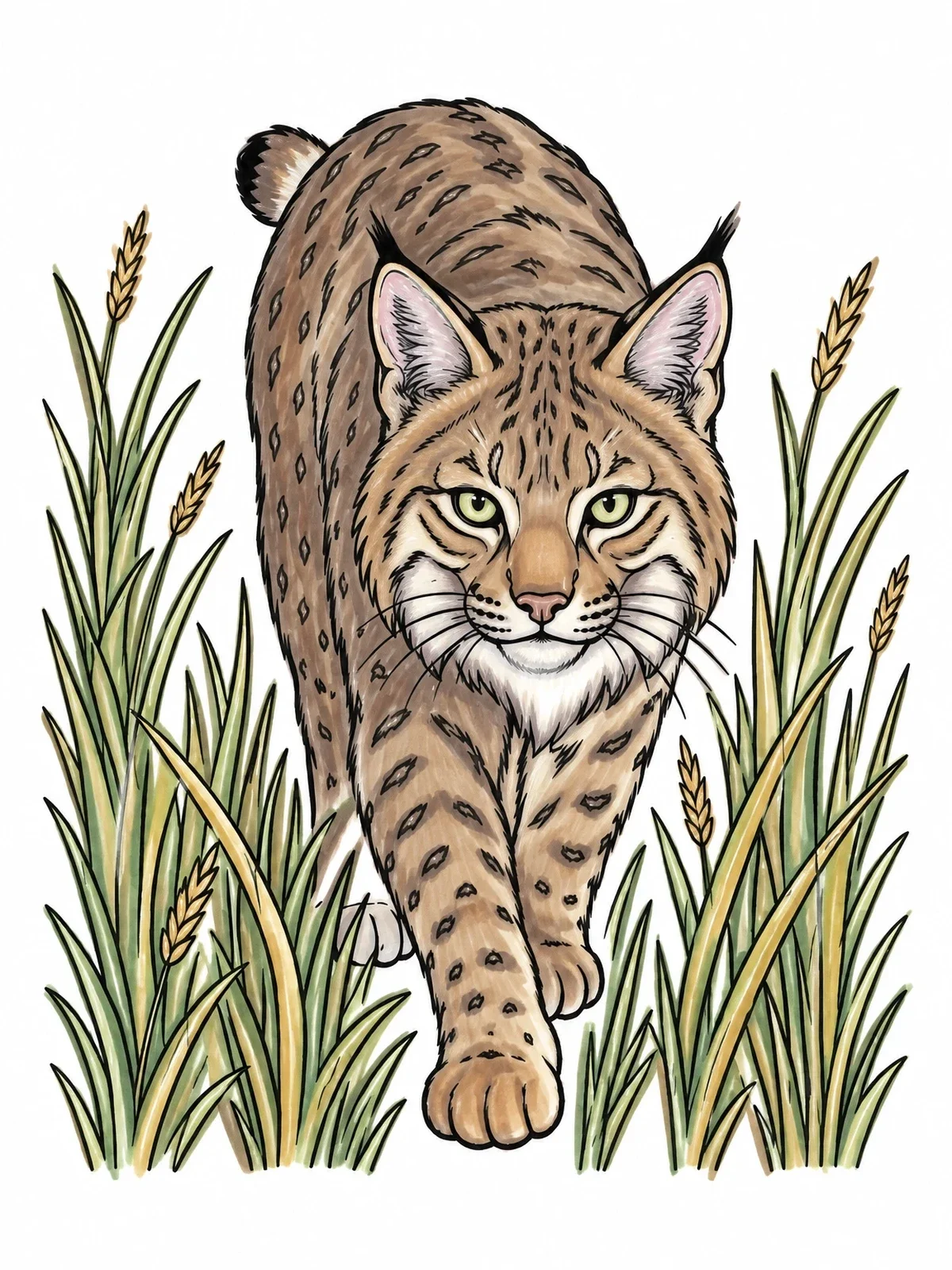 Colored example of the Stalking Bobcat In Tall Grass coloring page
