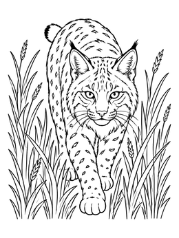 A bobcat coloring page showing a wild cat walking forward through tall prairie grass.
