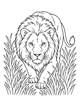 A lion coloring page showing a male lion prowling forward through dense savanna grass.