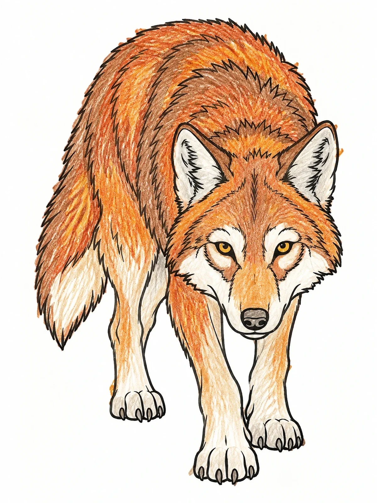 Colored example of the Stalking Red Wolf Line Art coloring page