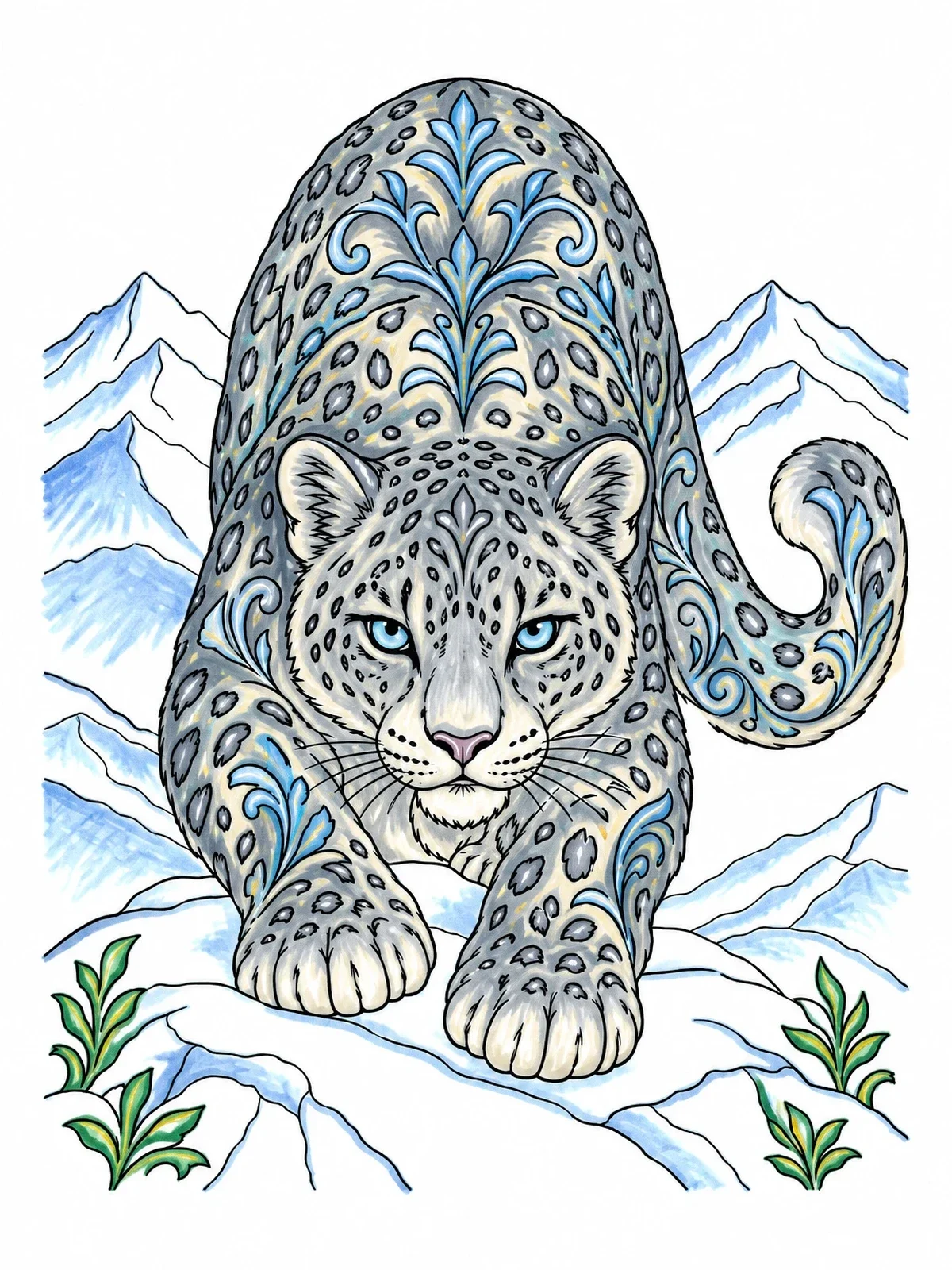 Colored example of the Stalking Snow Leopard With Ornate Patterns coloring page