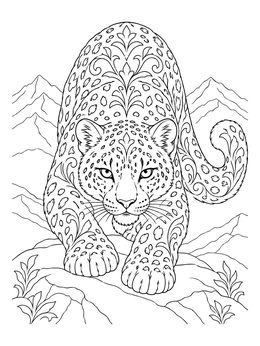 Free printable Stalking Snow Leopard With Ornate Patterns coloring page