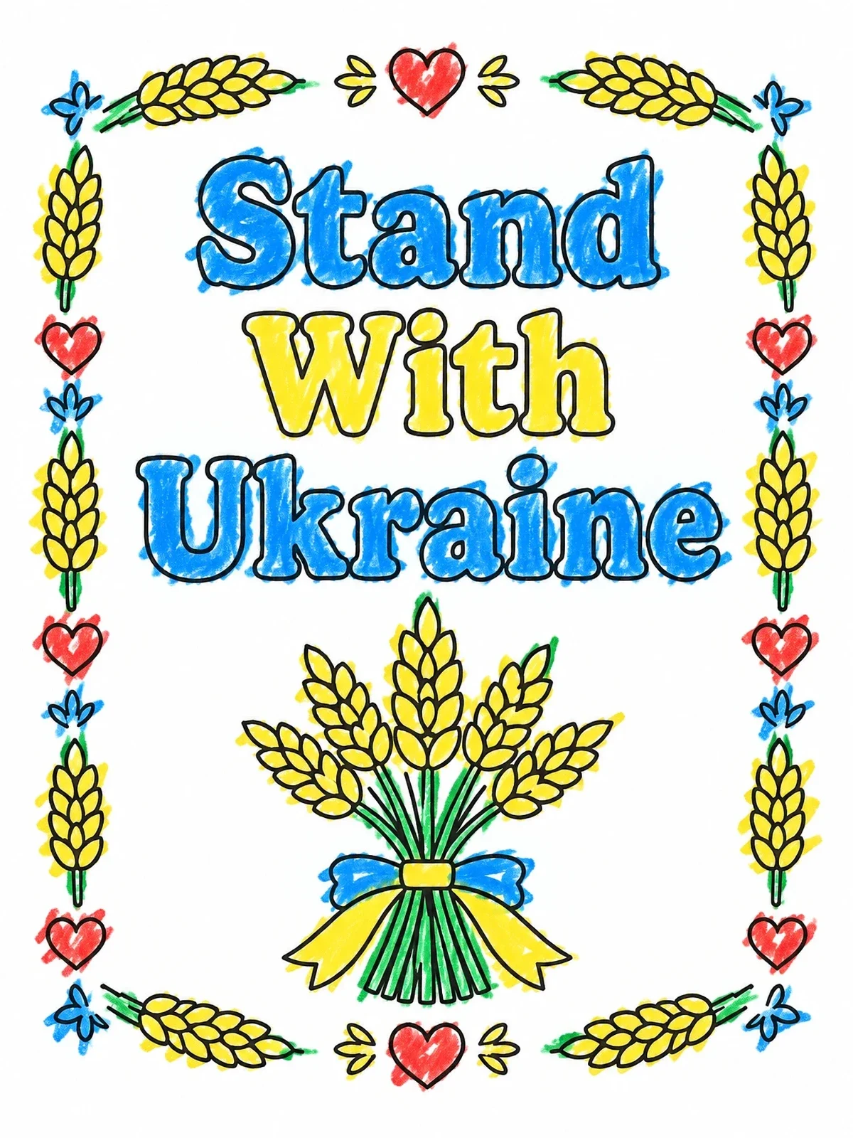 Colored example of the Stand With Ukraine Wheat Bouquet coloring page