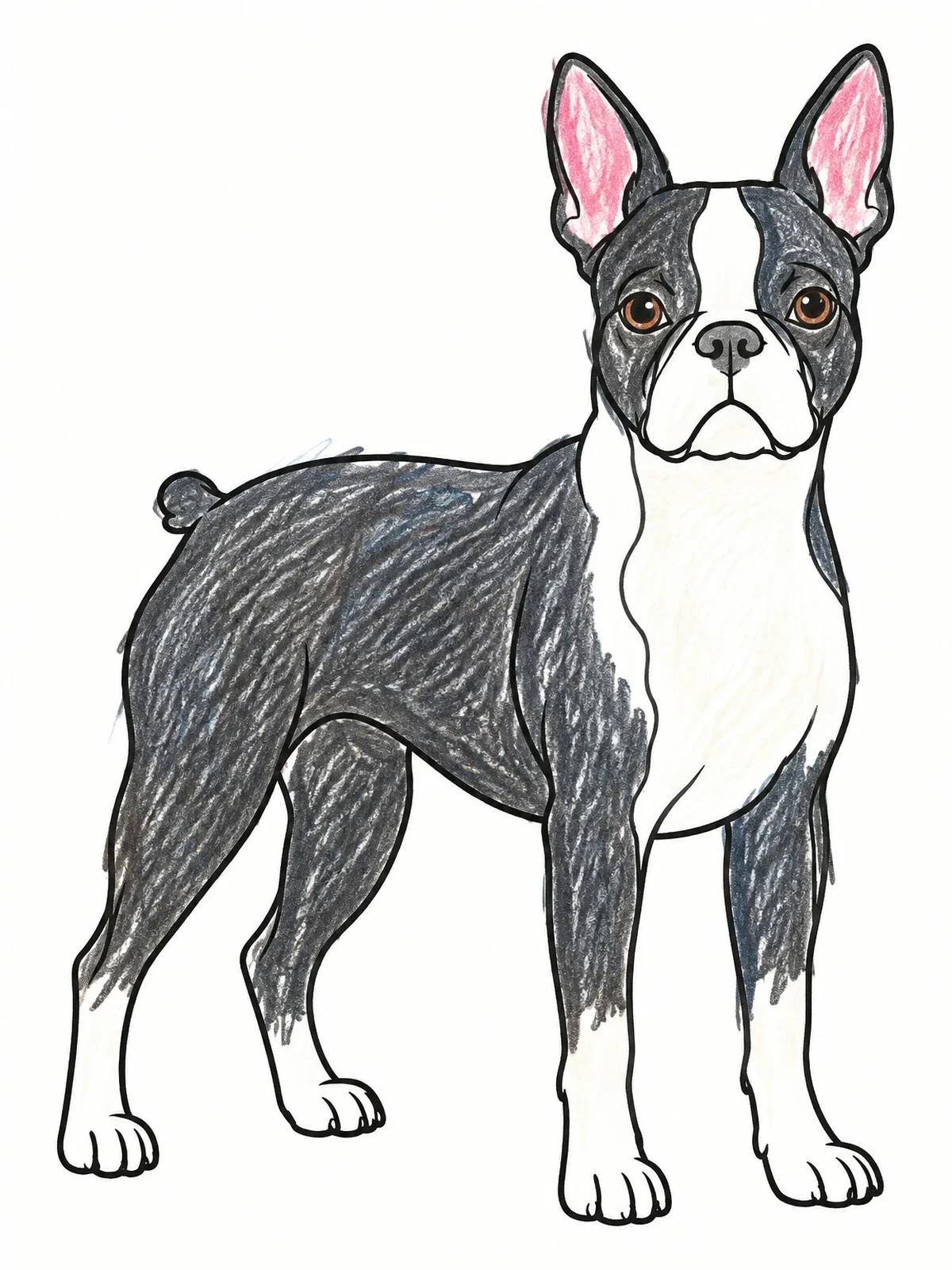 Colored example of the Standing Boston Terrier Line Art coloring page