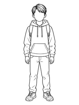 A standing boy with backpack on a blank faces coloring page template.