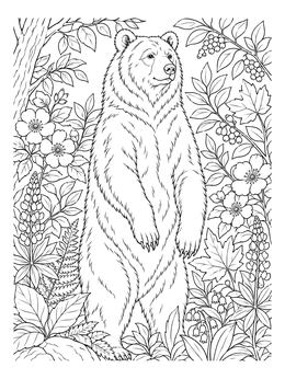 A detailed bear coloring page showing a brown bear standing tall among forest flowers and berries.