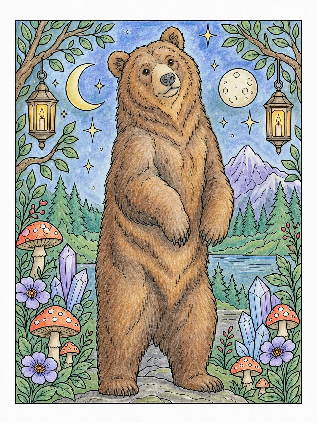 Colored example of the Standing Brown Bear In Mystical Forest coloring page