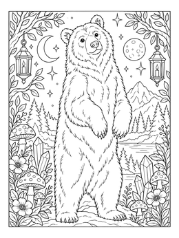 A detailed brown bear coloring page featuring a standing bear under a starry night sky with lanterns.