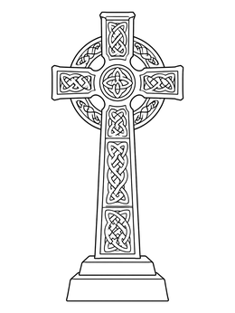 Detailed Irish cross coloring page featuring intricate knotwork patterns and stone base.