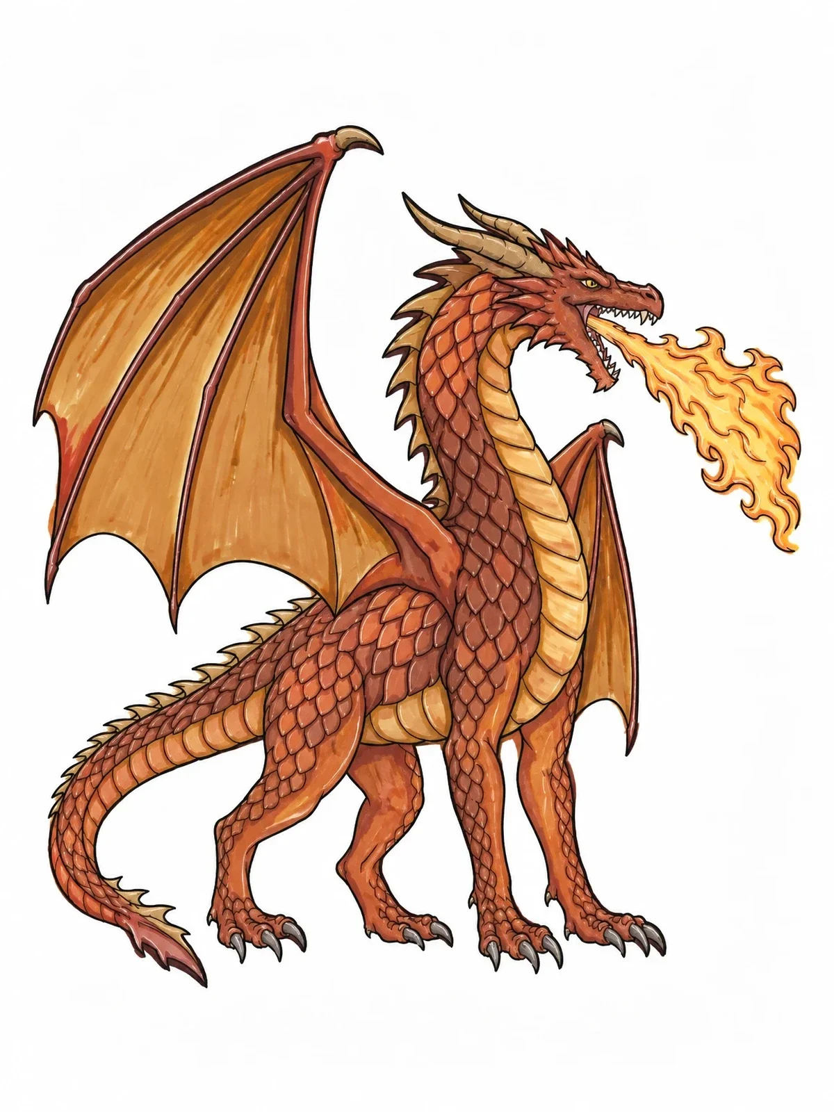 Colored example of the Standing Fire Breathing Winged Dragon coloring page
