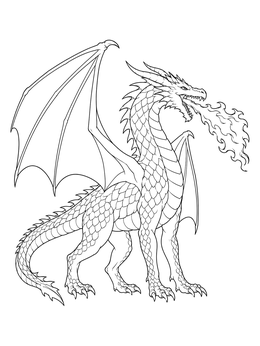 A detailed dragon breathing fire coloring page featuring large wings and scaled body.