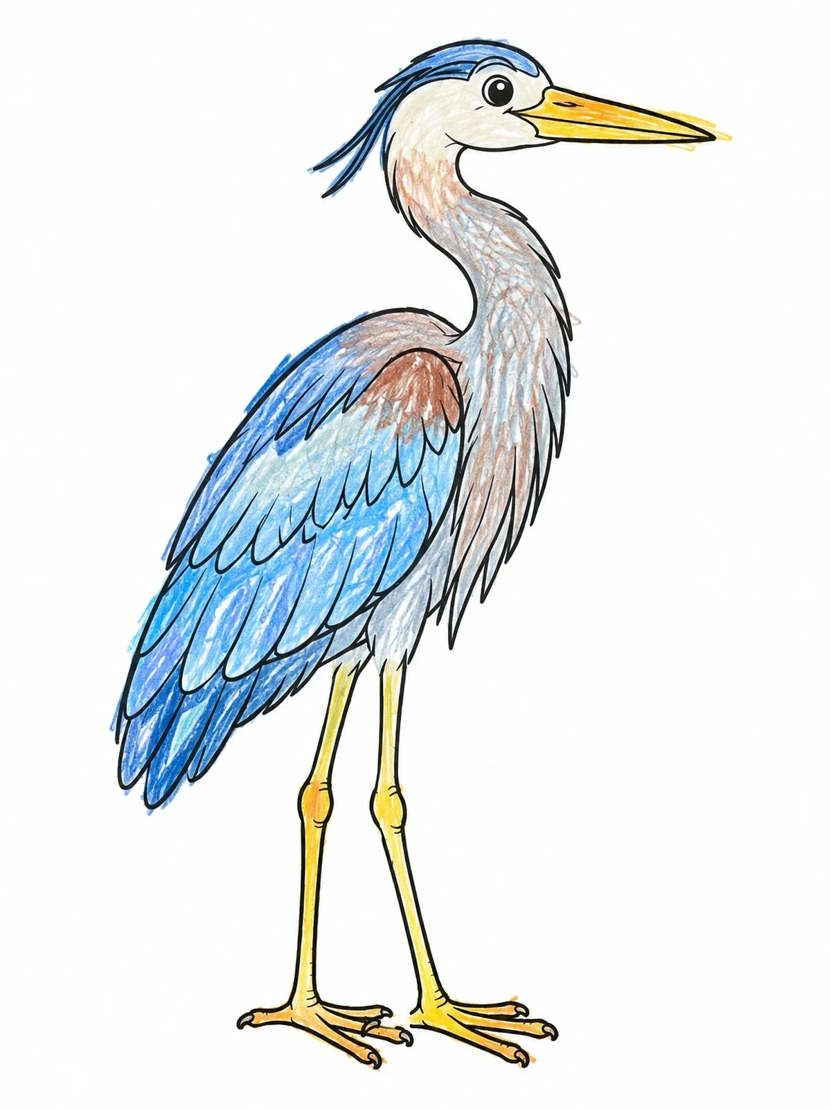 Colored example of the Standing Great Blue Heron coloring page