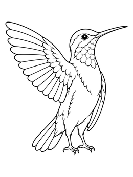 A detailed bird coloring page featuring a perched hummingbird spreading one wing.