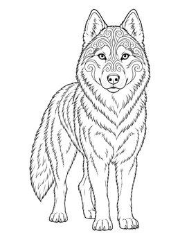 A detailed standing husky coloring page featuring intricate swirl patterns on its forehead and face.