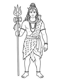 Detailed lord shiva coloring page showing the standing deity holding a trishula with damru drum.