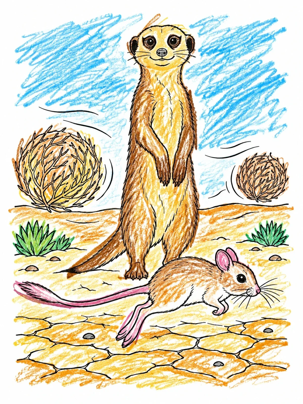 Colored example of the Standing Meerkat And Leaping Desert Mouse coloring page