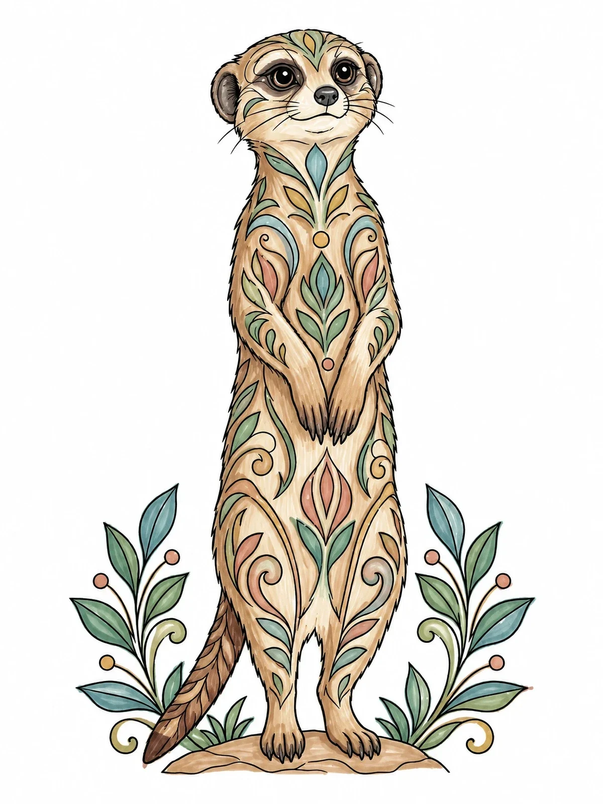 Colored example of the Standing Meerkat With Floral Patterns coloring page