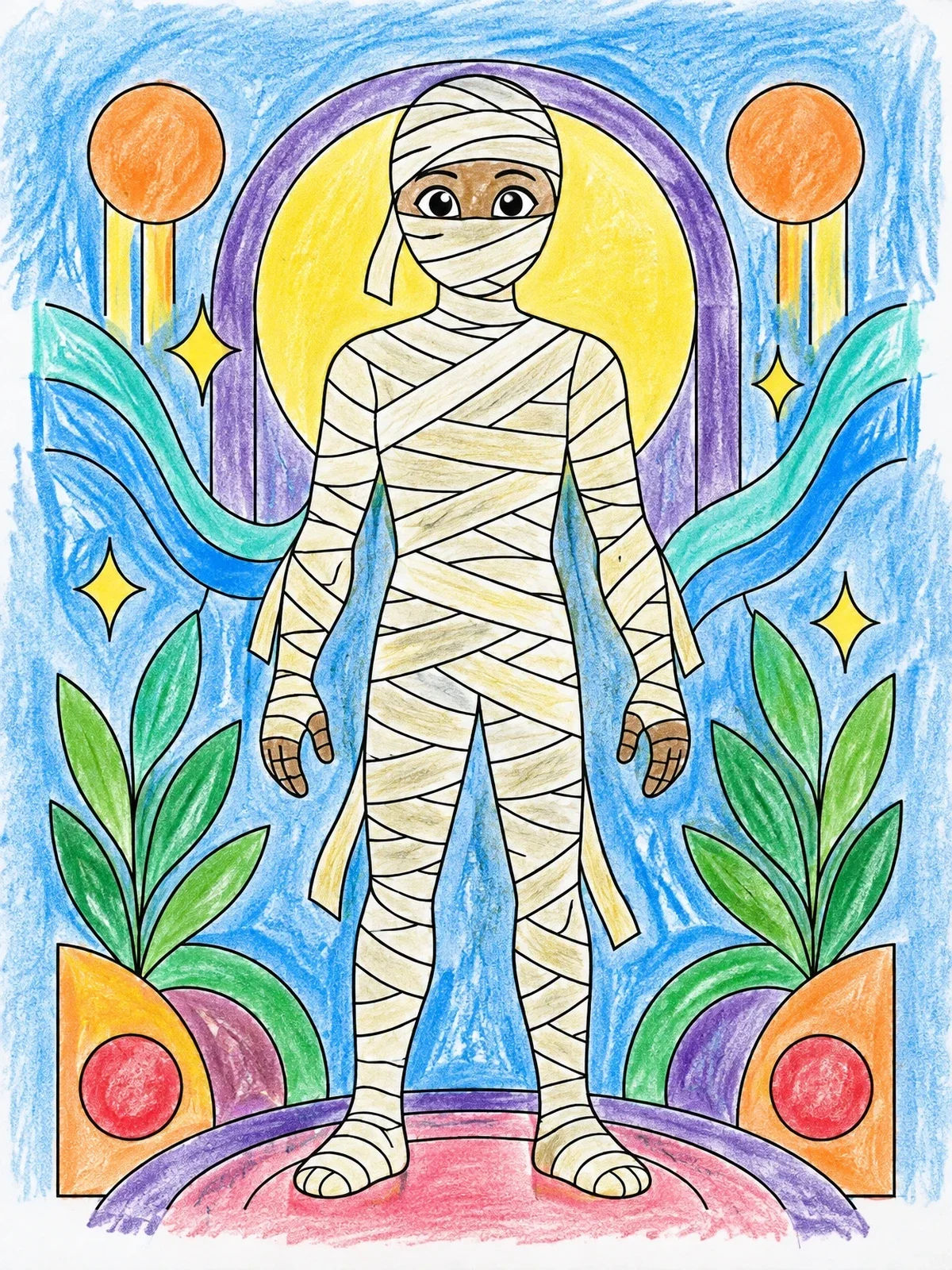 Colored example of the Standing Mummy With Geometric Background coloring page