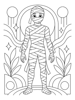A friendly standing wrapped mummy coloring page surrounded by stylized botanical and geometric patterns.