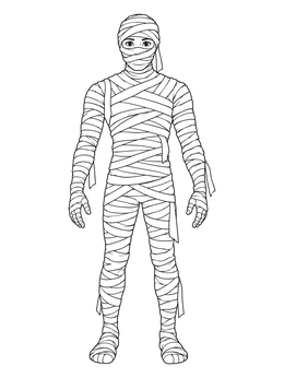 A realistic standing mummy coloring page wrapped completely in linen bandages with visible eyes.