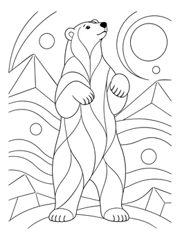 A stylized polar bear coloring page standing on its hind legs among arctic shapes.