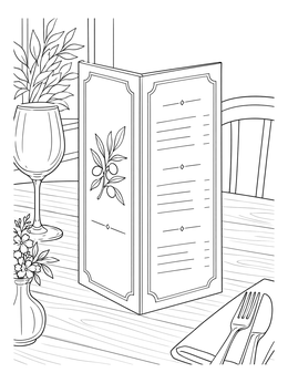 A detailed restaurant menu coloring page standing on a set table next to a wine glass.