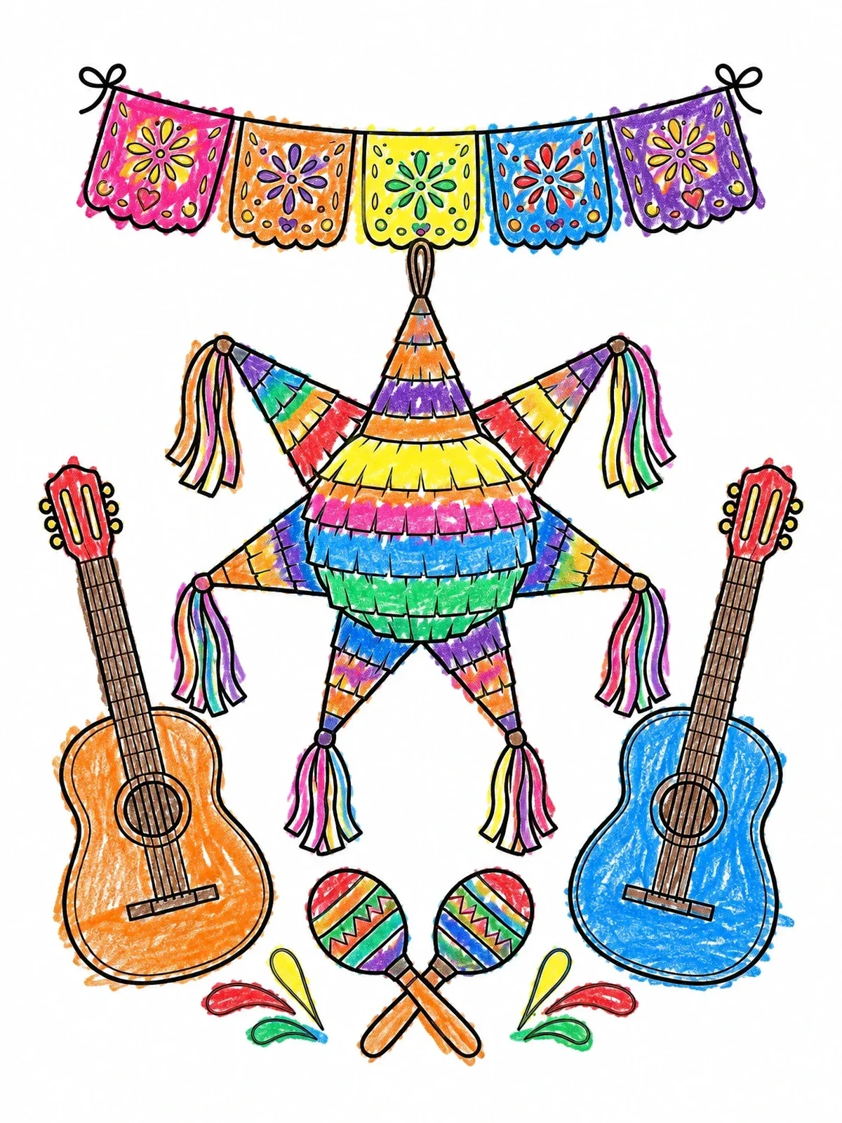 Colored example of the Festive Star Pinata With Guitars coloring page