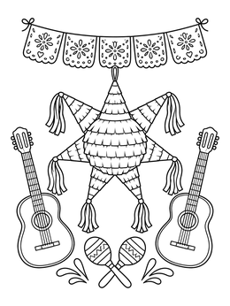 A festive star pinata coloring page surrounded by acoustic guitars, maracas, and papel picado banners.
