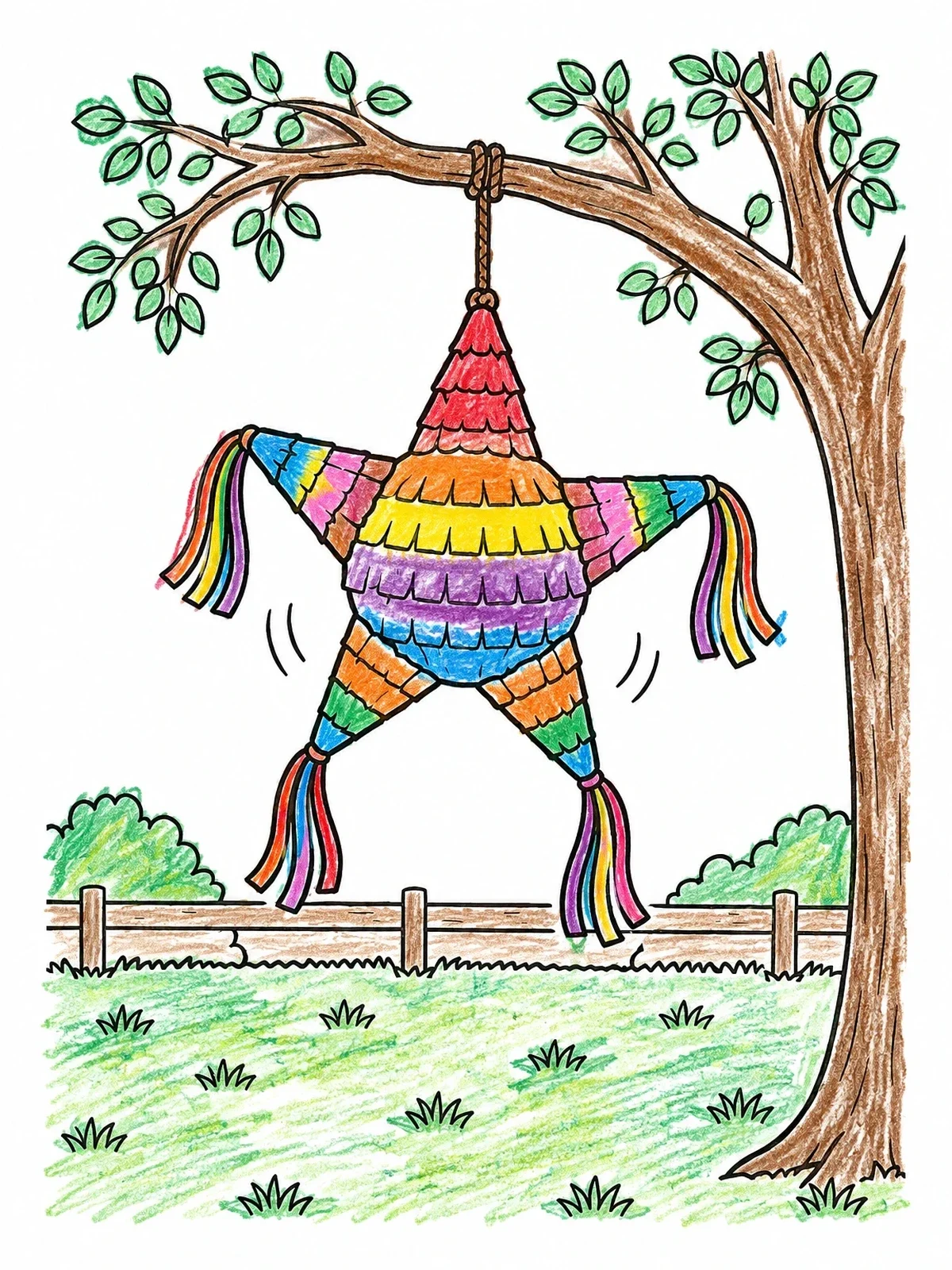 Colored example of the Star Piñata Hanging From Tree coloring page