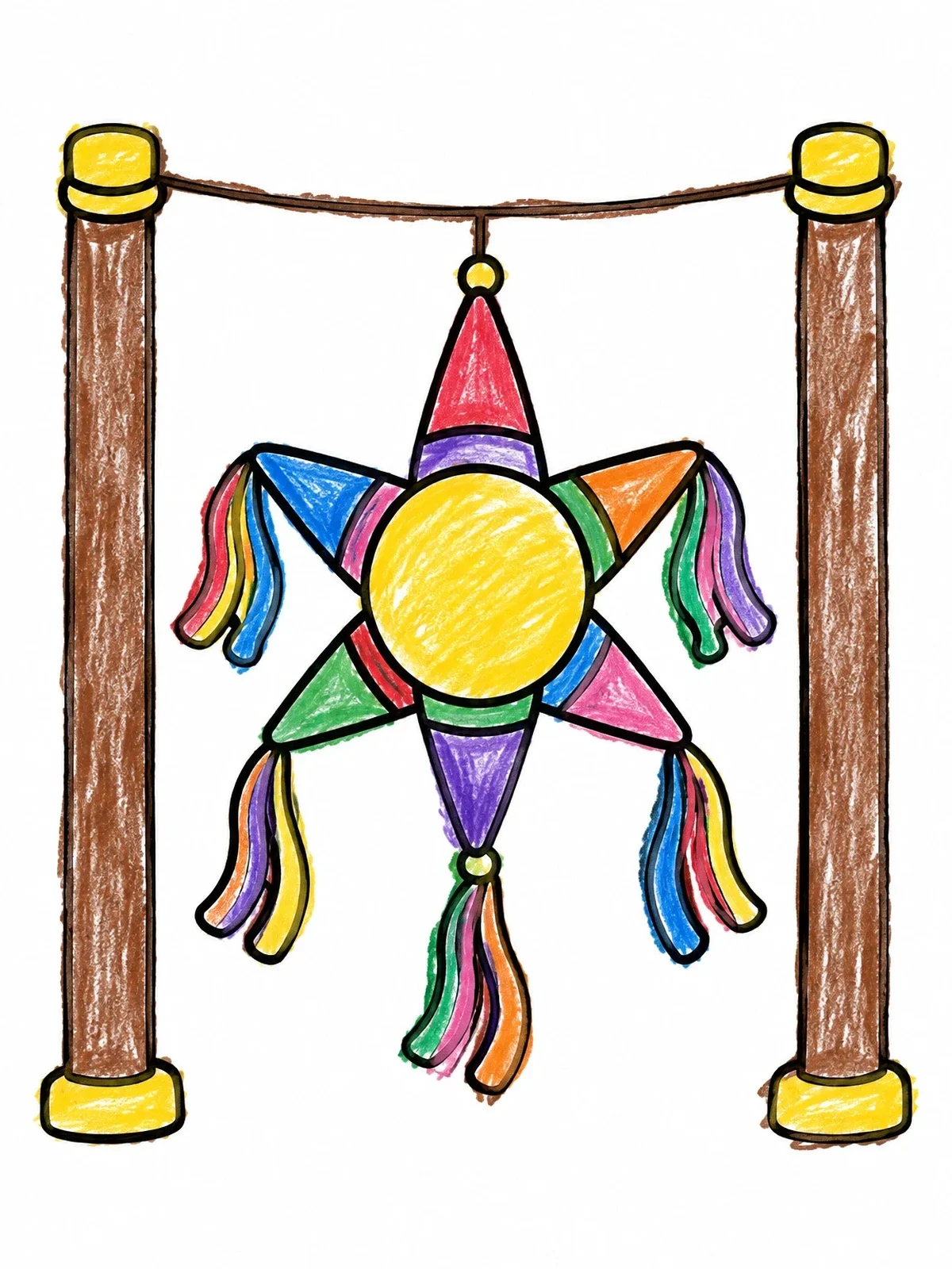 Colored example of the Star Piñata Hanging Between Posts coloring page